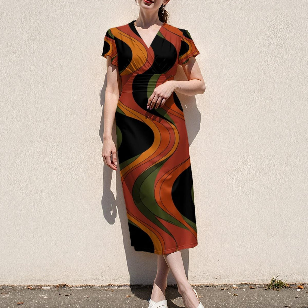 70s Swirl Midi Dress, Orange and Black, V Neck Flutter Sleeves - editorial photo 7