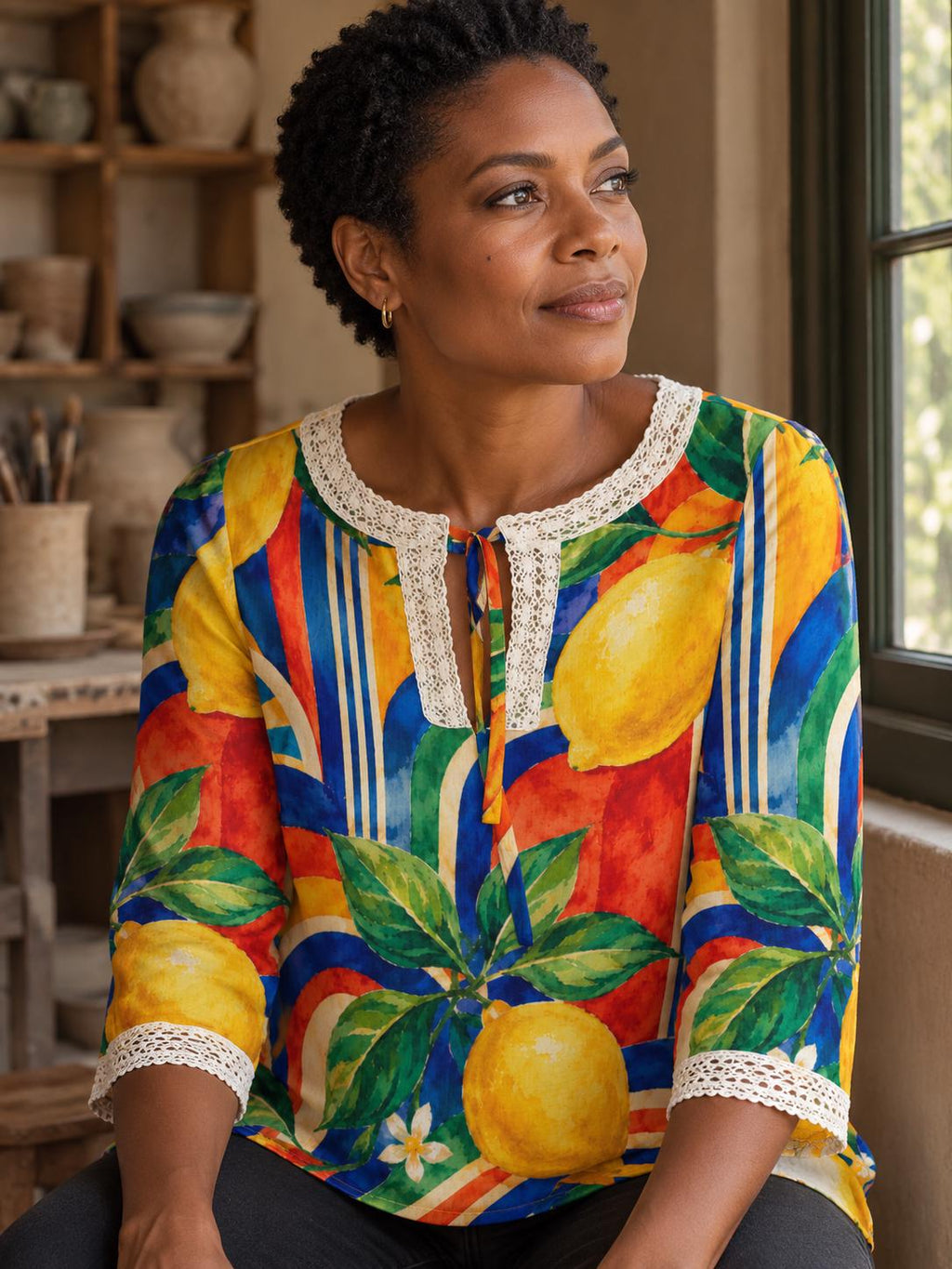 Lemon Print Blouse, Mediterranean Citrus Tie Neck Long Sleeve Top – ByZaynCo product photo 1