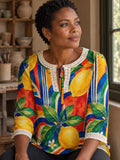 Lemon Print Blouse, Mediterranean Citrus Tie Neck Long Sleeve Top – ByZaynCo product photo 1