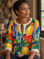 Lemon Print Blouse, Mediterranean Citrus Tie Neck Long Sleeve Top – ByZaynCo product photo 1