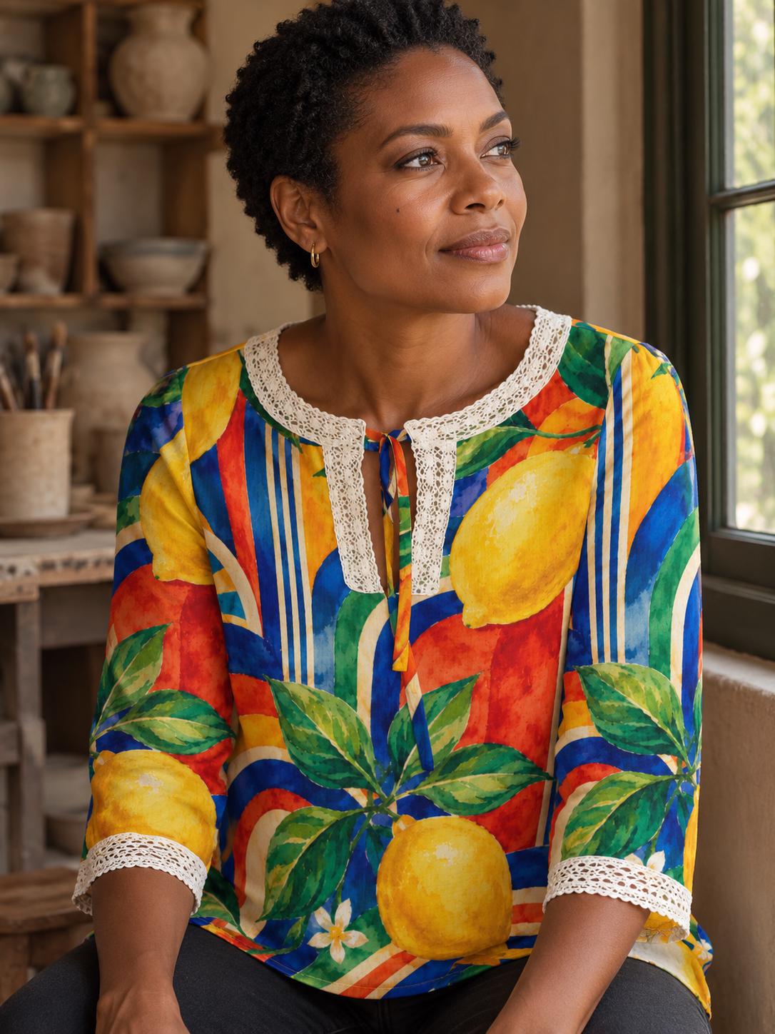 Lemon Print Blouse, Mediterranean Citrus Tie Neck Long Sleeve Top – ByZaynCo product photo 1