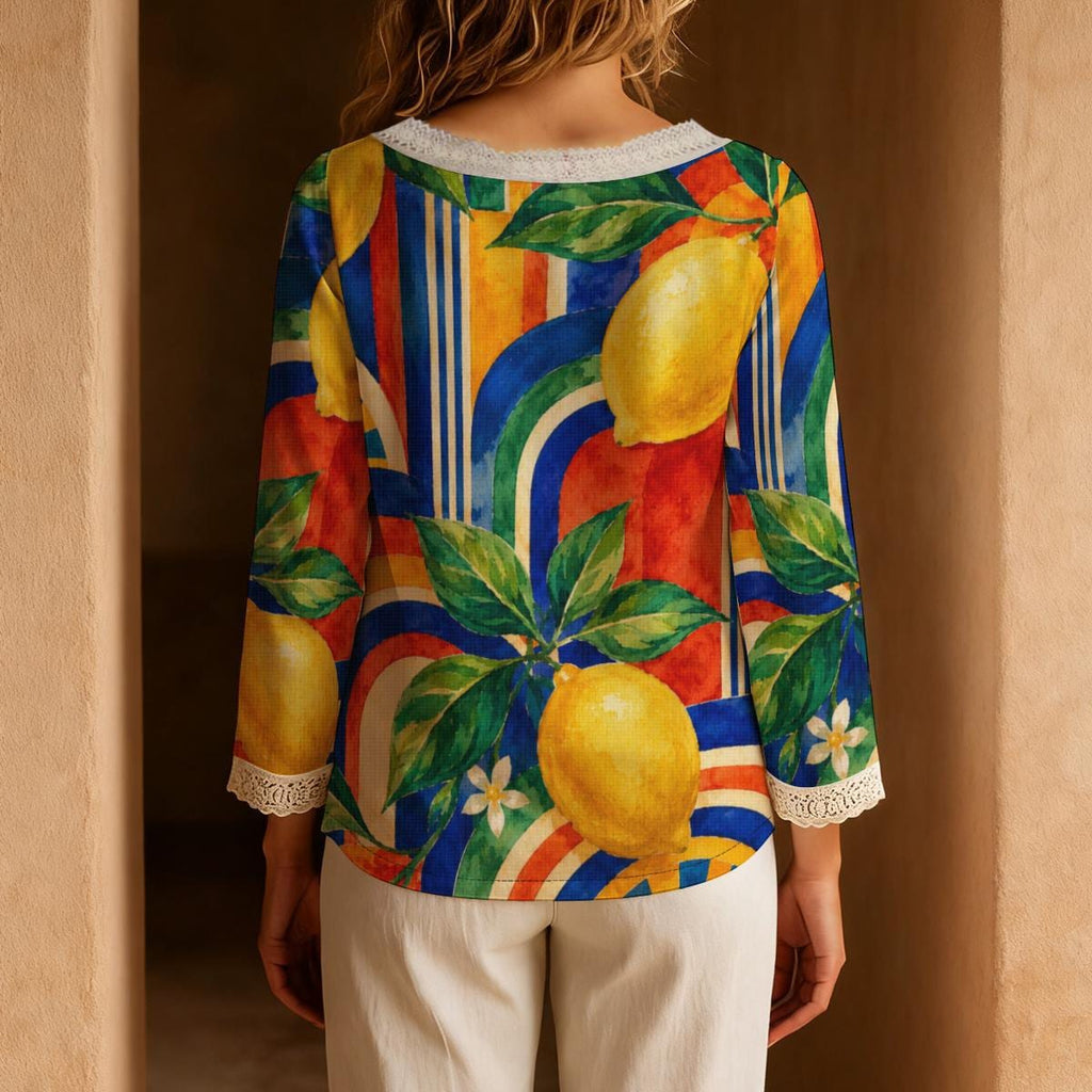 Lemon Print Blouse, Mediterranean Citrus Tie Neck Long Sleeve Top – ByZaynCo product photo 2