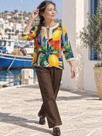 Lemon Print Blouse, Mediterranean Citrus Tie Neck Long Sleeve Top – ByZaynCo product photo 3