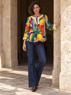 Lemon Print Blouse, Mediterranean Citrus Tie Neck Long Sleeve Top – ByZaynCo product photo 4