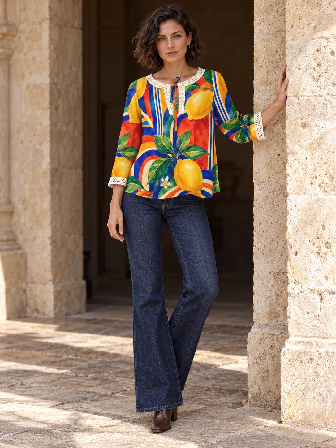 Lemon Print Blouse, Mediterranean Citrus Tie Neck Long Sleeve Top – ByZaynCo product photo 4