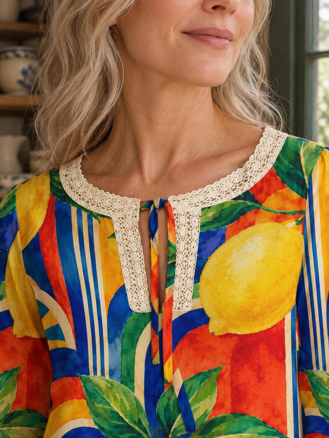 Lemon Print Blouse, Mediterranean Citrus Tie Neck Long Sleeve Top – ByZaynCo product photo 5