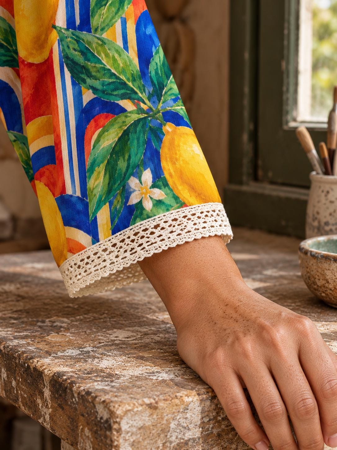 Lemon Print Blouse, Mediterranean Citrus Tie Neck Long Sleeve Top – ByZaynCo product photo 6