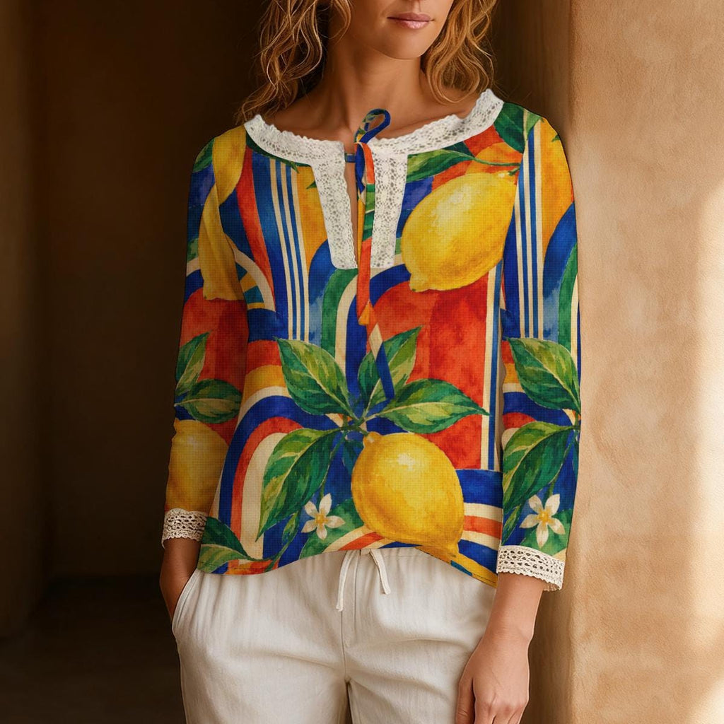 Lemon Print Blouse, Mediterranean Citrus Tie Neck Long Sleeve Top – ByZaynCo product photo 7
