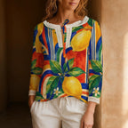 Lemon Print Blouse, Mediterranean Citrus Tie Neck Long Sleeve Top – ByZaynCo product photo 7