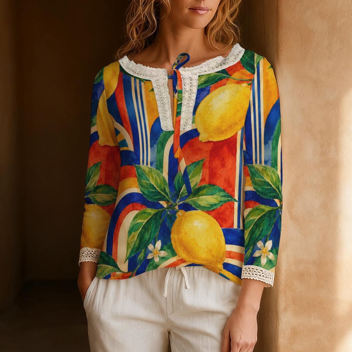Lemon Print Blouse, Mediterranean Citrus Tie Neck Long Sleeve Top – ByZaynCo product photo 7