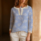 Light Blue Floral Blouse, Dainty White Flower Tie Neck Long Sleeve Top | front view