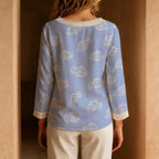 Light Blue Floral Blouse, Dainty White Flower Tie Neck Long Sleeve Top | product detail
