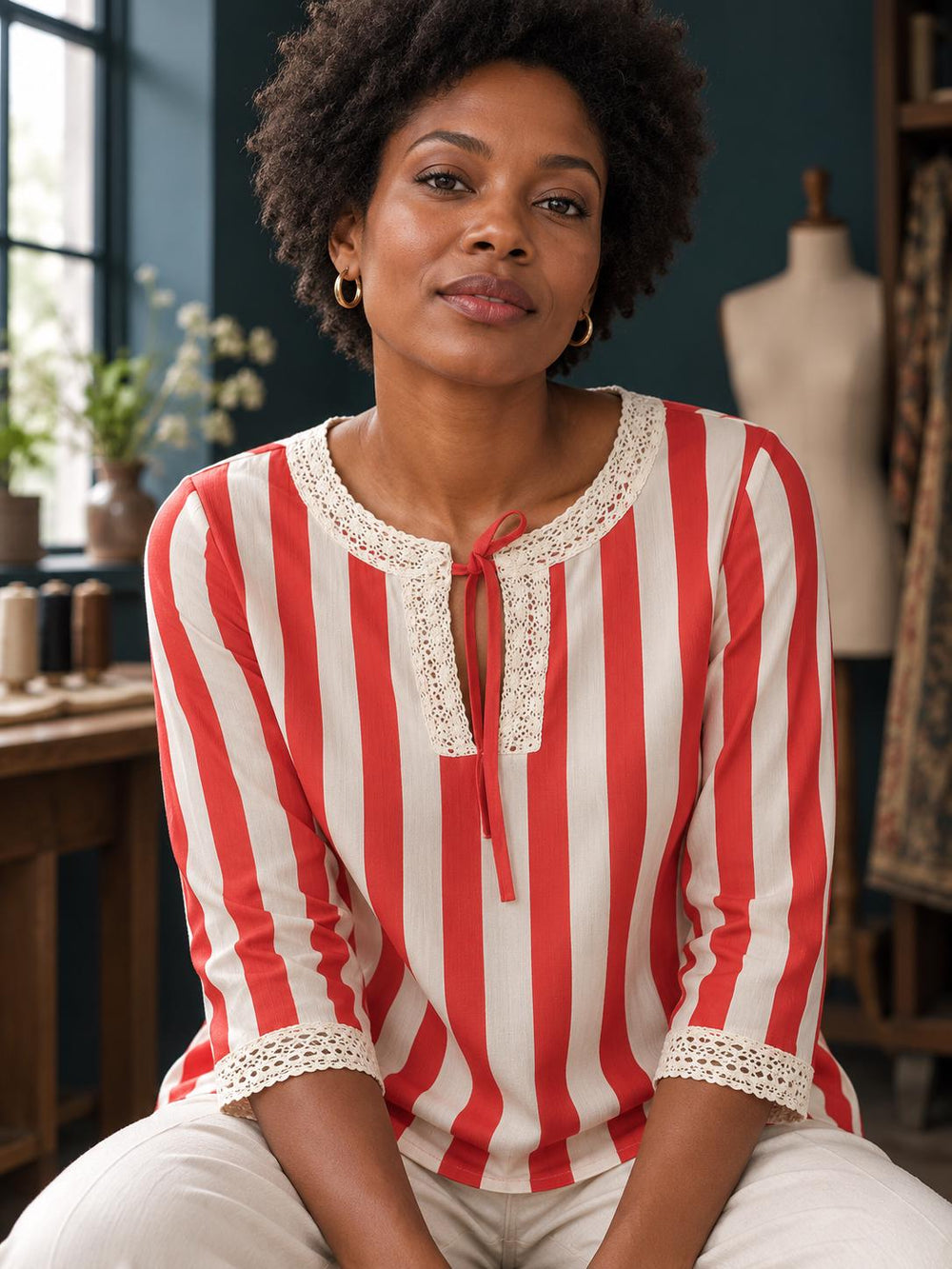 Red and White Striped Blouse, Retro Tie Neck Long Sleeve Shirt - editorial photo 1