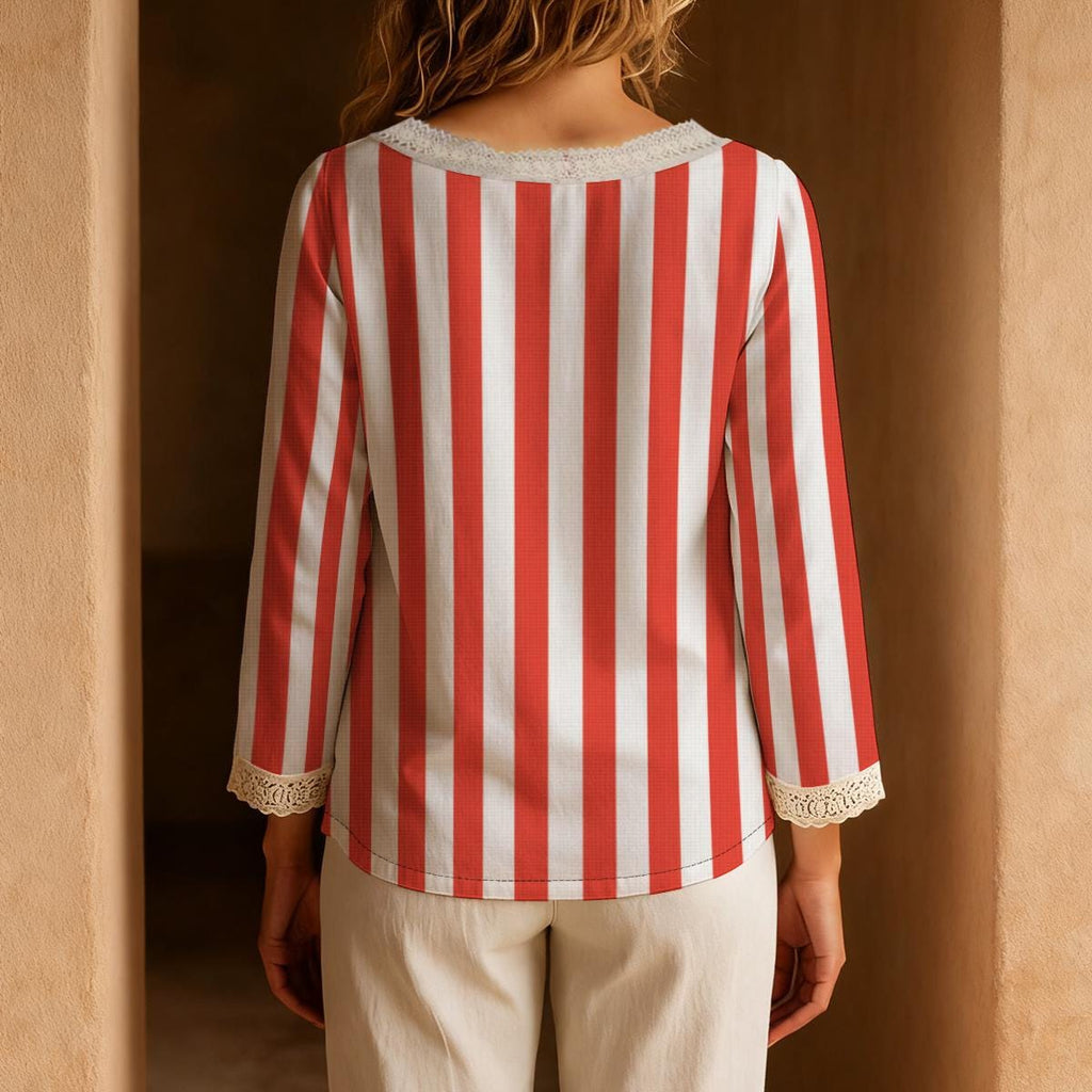 Red and White Striped Blouse, Retro Tie Neck Long Sleeve Shirt - editorial photo 2