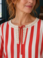 Red and White Striped Blouse, Retro Tie Neck Long Sleeve Shirt - editorial photo 3