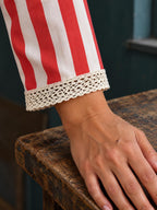 Red and White Striped Blouse, Retro Tie Neck Long Sleeve Shirt - editorial photo 4