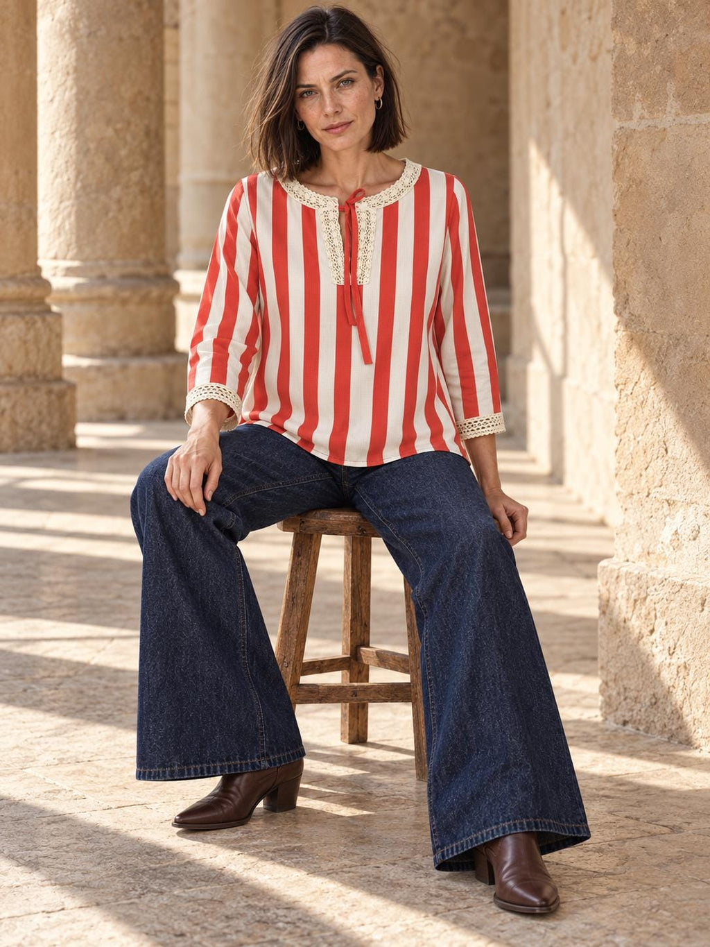 Red and White Striped Blouse, Retro Tie Neck Long Sleeve Shirt - editorial photo 5