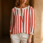 Red and White Striped Blouse, Retro Tie Neck Long Sleeve Shirt - editorial photo 7