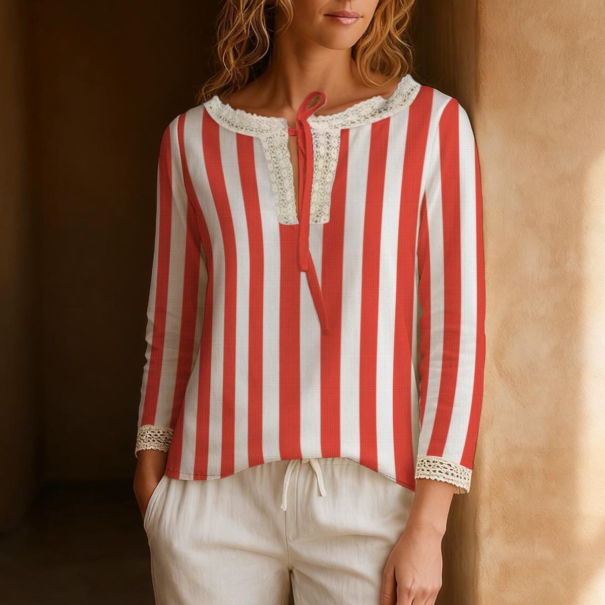 Red and White Striped Blouse, Retro Tie Neck Long Sleeve Shirt - editorial photo 7