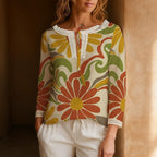 Groovy Floral Blouse, Retro Orange Green Flower Print Lace Trim Top | front view
