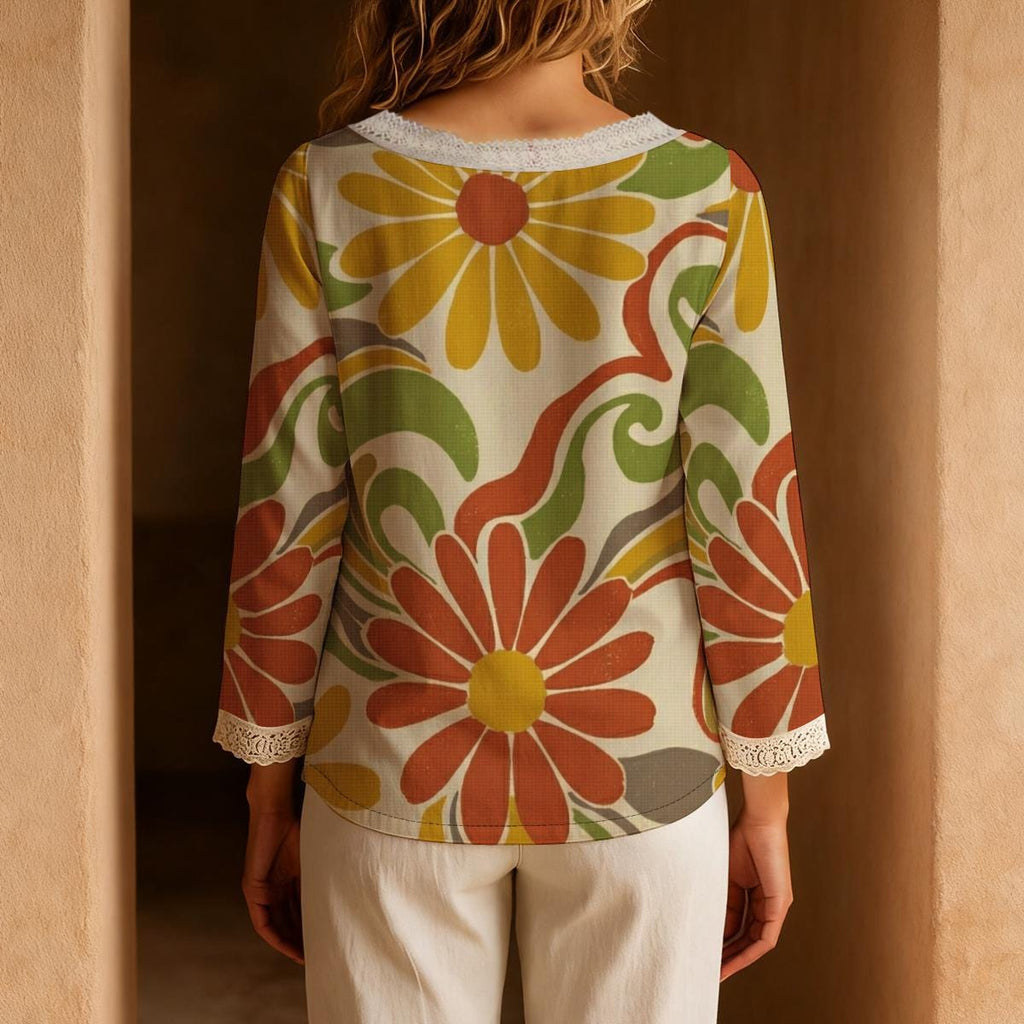 Groovy Floral Blouse, Retro Orange Green Flower Print Lace Trim Top | product detail