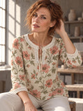 Romantic Pink Floral Blouse with Lace Trim, Cream Tie Neck Long Sleeve Top - editorial photo 1