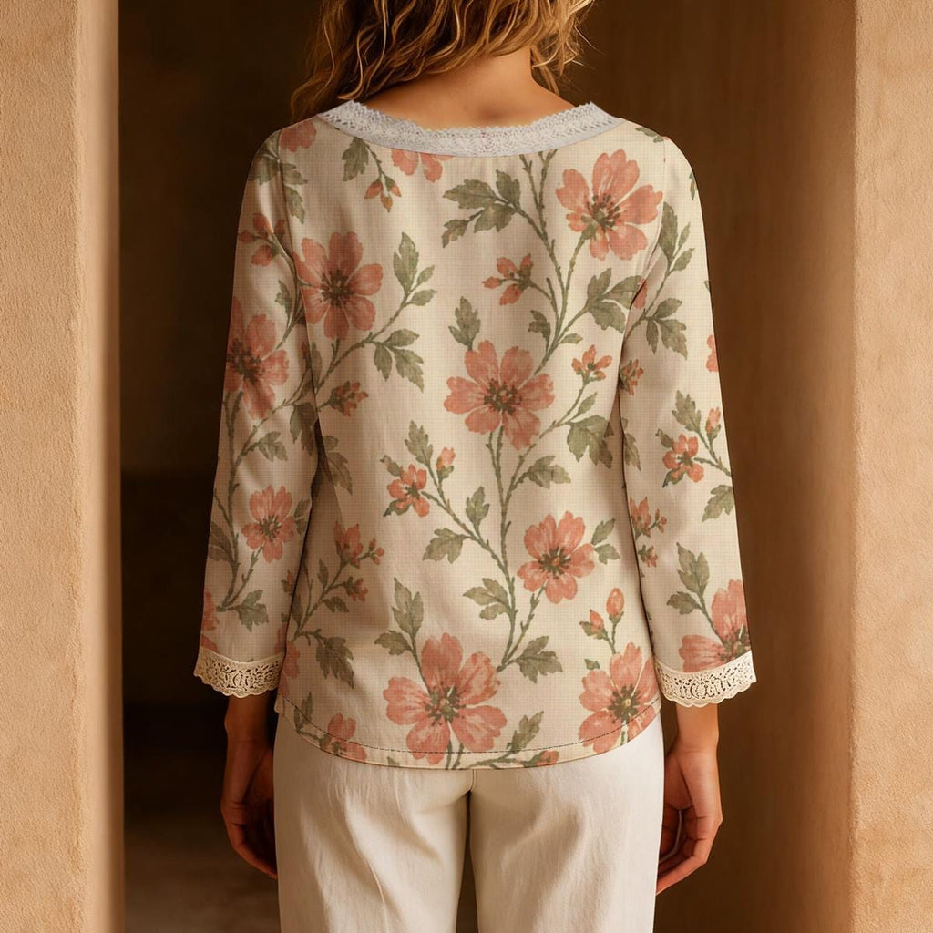 Romantic Pink Floral Blouse with Lace Trim, Cream Tie Neck Long Sleeve Top - editorial photo 2