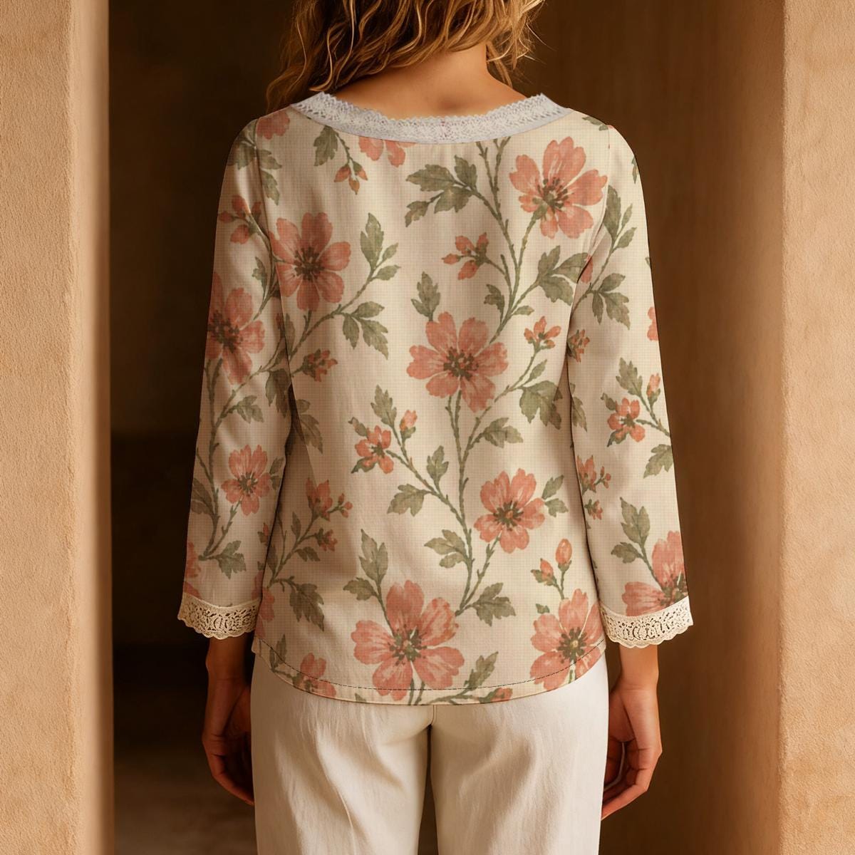 Romantic Pink Floral Blouse with Lace Trim, Cream Tie Neck Long Sleeve Top - editorial photo 2