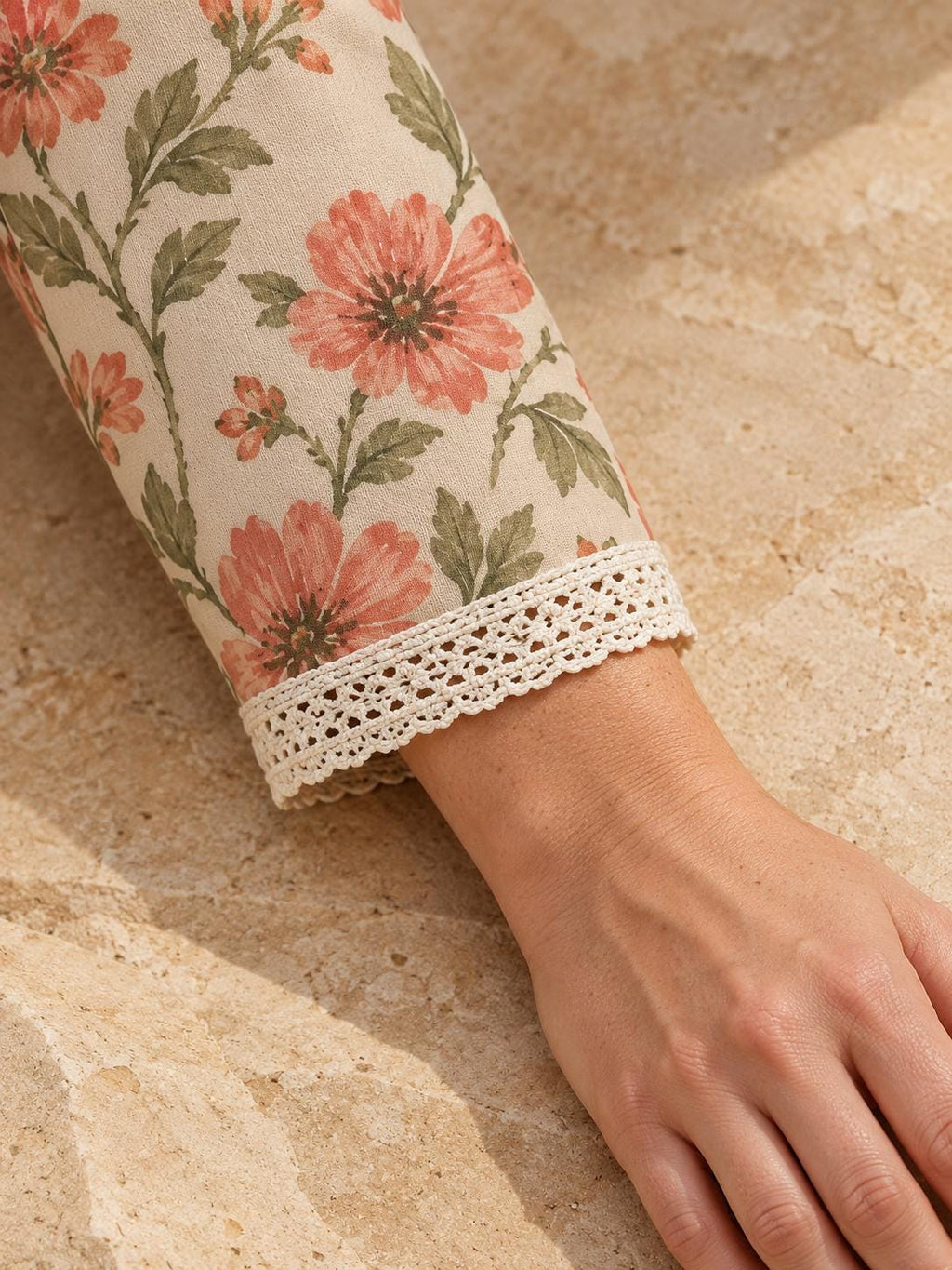 Romantic Pink Floral Blouse with Lace Trim, Cream Tie Neck Long Sleeve Top - editorial photo 3