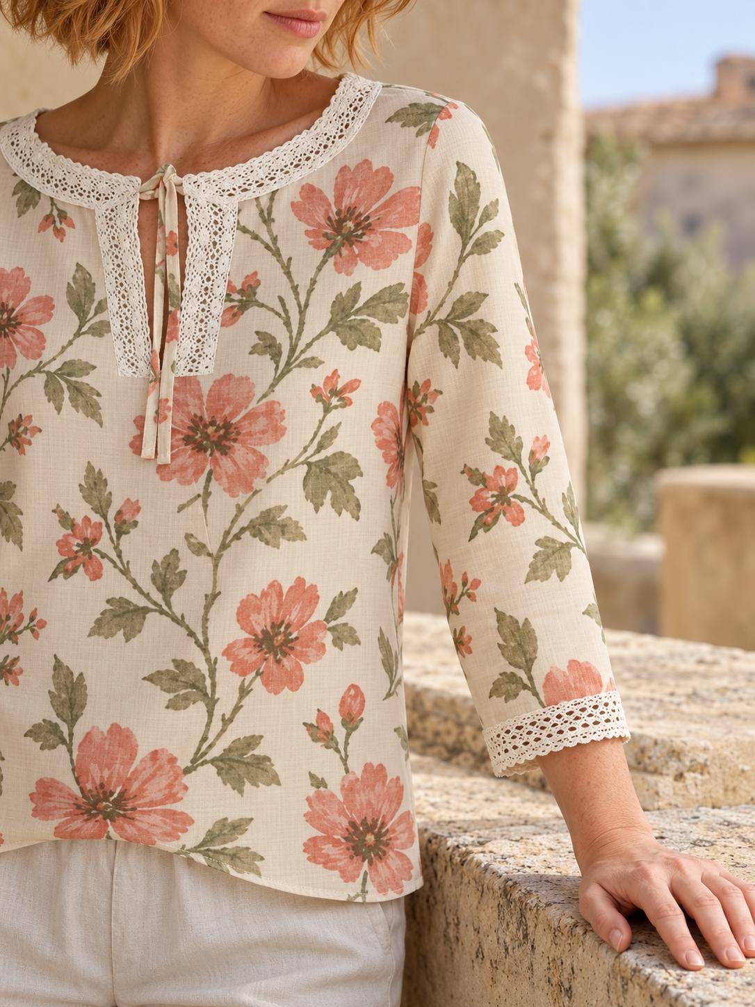 Romantic Pink Floral Blouse with Lace Trim, Cream Tie Neck Long Sleeve Top - editorial photo 4