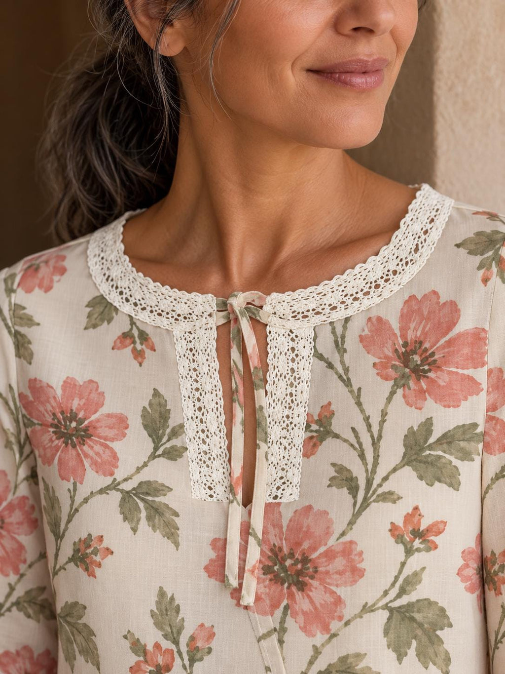 Romantic Pink Floral Blouse with Lace Trim, Cream Tie Neck Long Sleeve Top - editorial photo 5
