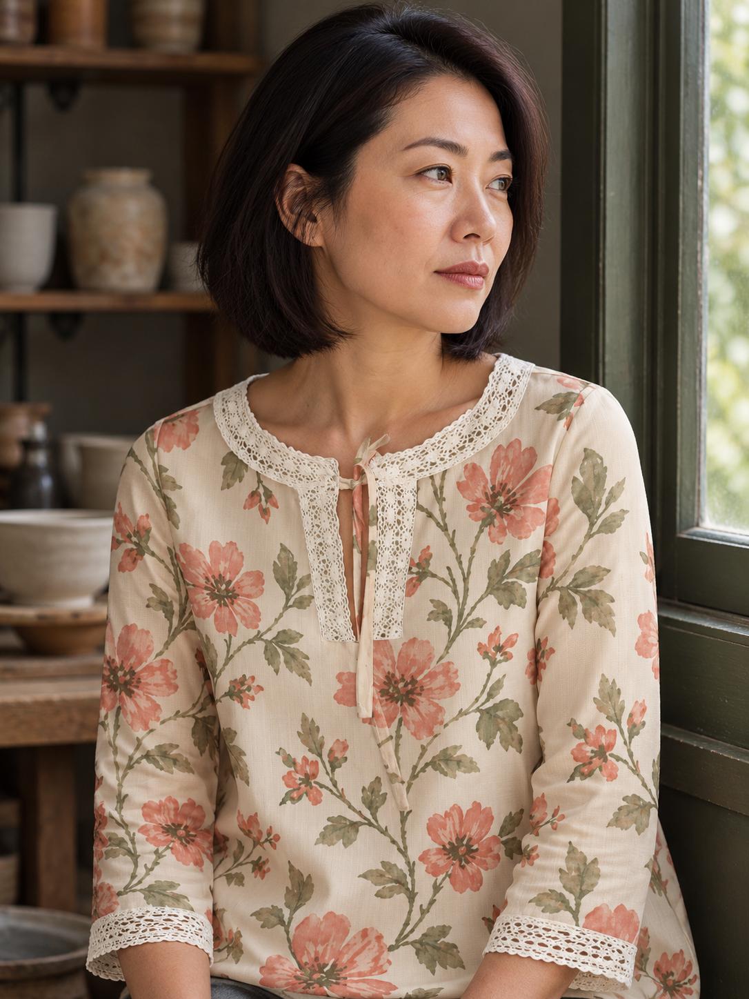 Romantic Pink Floral Blouse with Lace Trim, Cream Tie Neck Long Sleeve Top - editorial photo 6