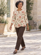 Romantic Pink Floral Blouse with Lace Trim, Cream Tie Neck Long Sleeve Top - editorial photo 7