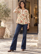 Romantic Pink Floral Blouse with Lace Trim, Cream Tie Neck Long Sleeve Top - editorial photo 8