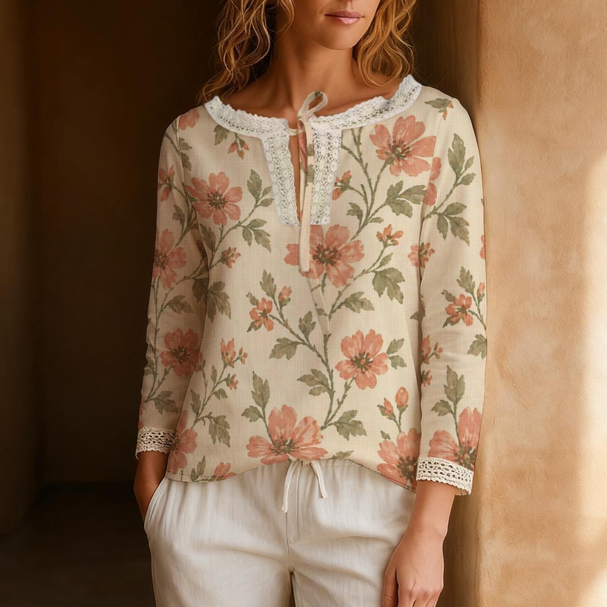 Romantic Pink Floral Blouse with Lace Trim, Cream Tie Neck Long Sleeve Top - editorial photo 9