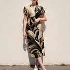 Art Deco Midi Dress, Black Cream Geometric Waves, V Neck Flutter Sleeves - product gallery photo 10