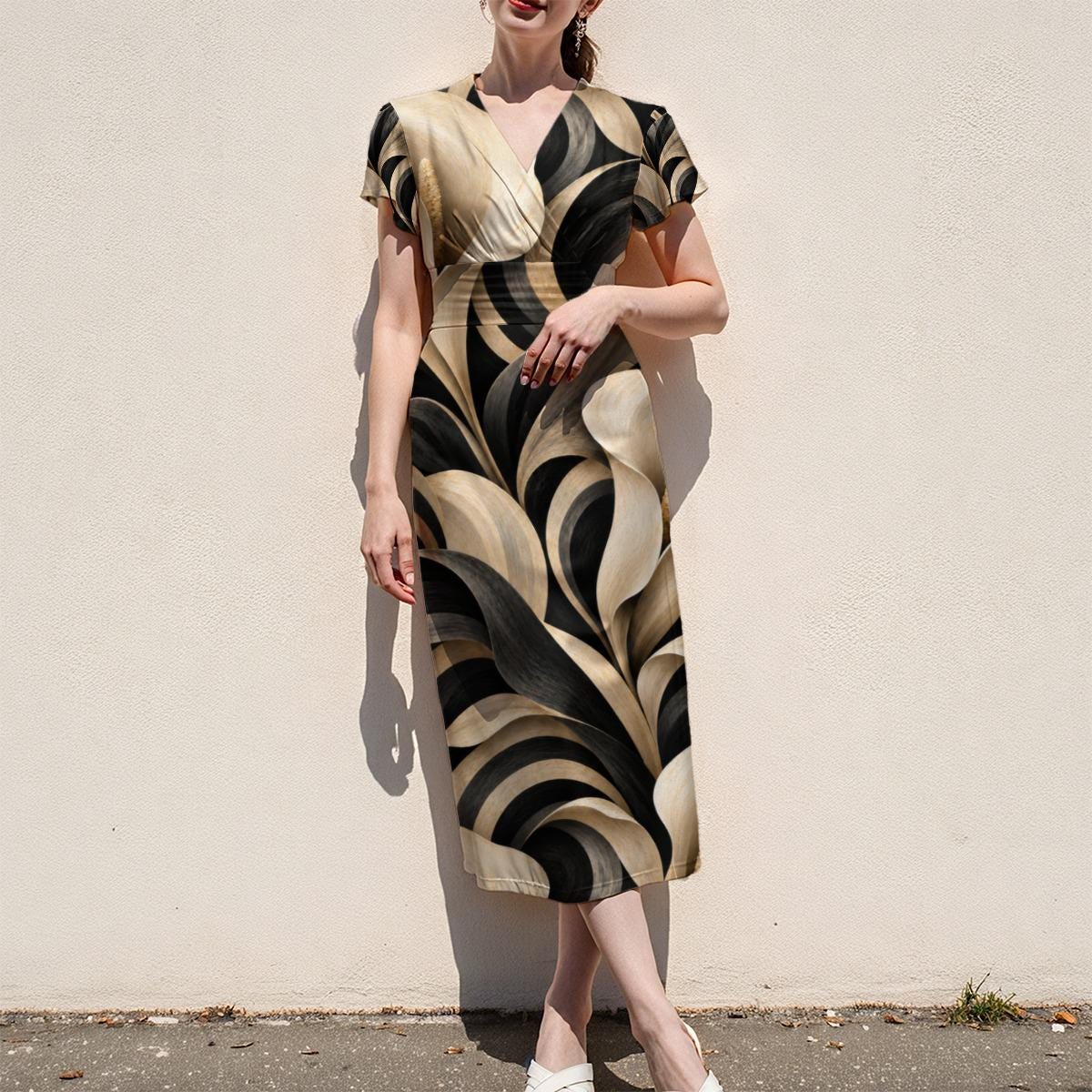 Art Deco Midi Dress, Black Cream Geometric Waves, V Neck Flutter Sleeves - product gallery photo 10