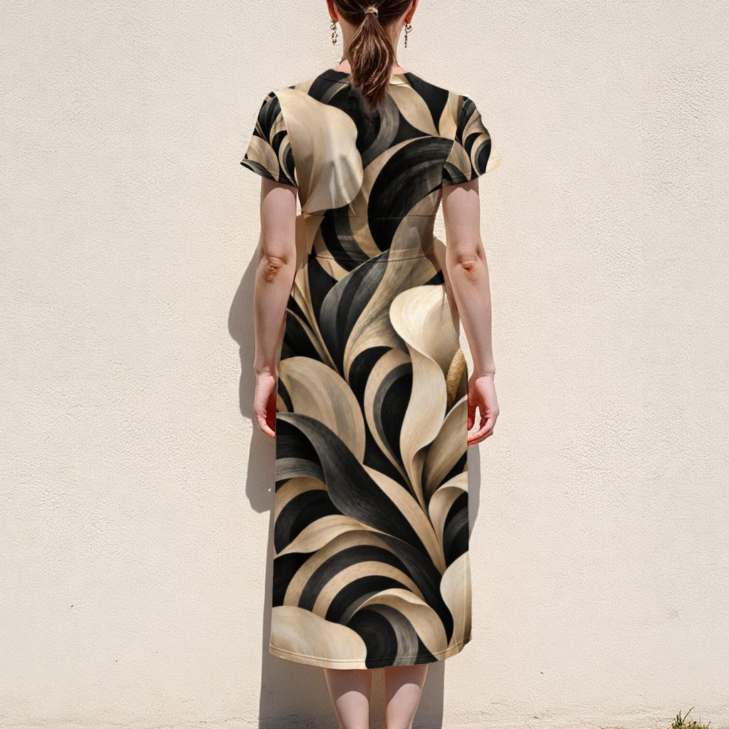 Art Deco Midi Dress, Black Cream Geometric Waves, V Neck Flutter Sleeves - product gallery photo 11