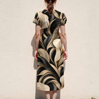 Art Deco Midi Dress, Black Cream Geometric Waves, V Neck Flutter Sleeves - product gallery photo 11
