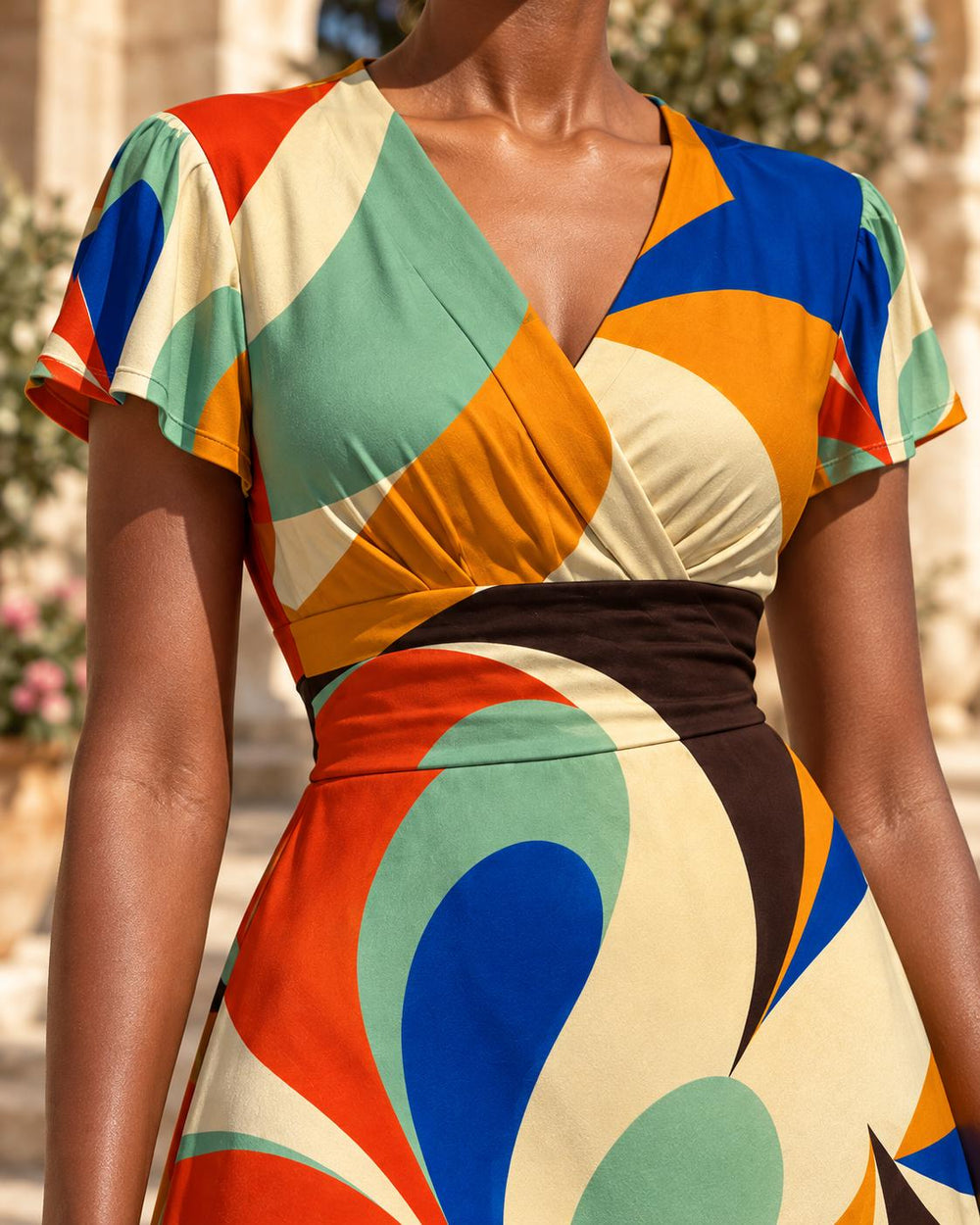 Colorful Abstract Midi Dress, Bold 70s Swirl Art, V Neck Flutter Sleeves - editorial photo 1