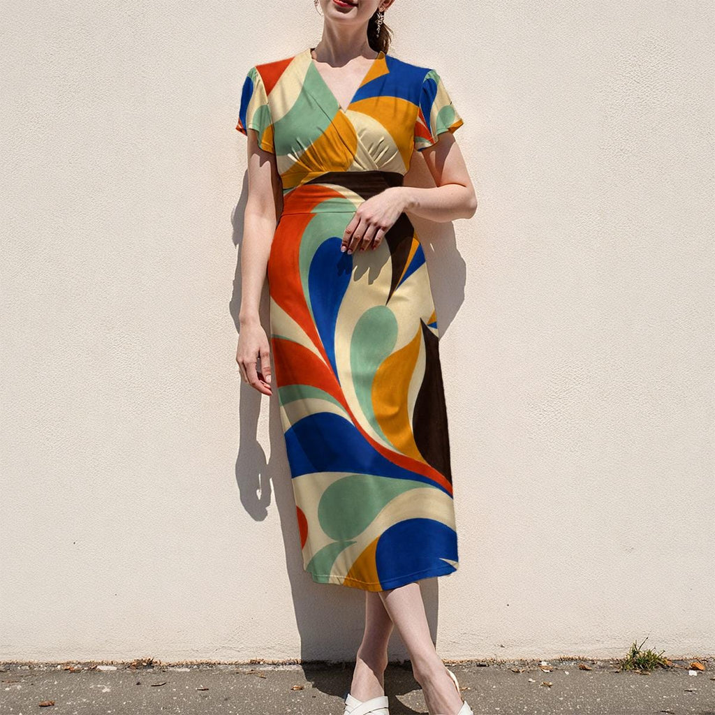 Colorful Abstract Midi Dress, Bold 70s Swirl Art, V Neck Flutter Sleeves - product gallery photo 11