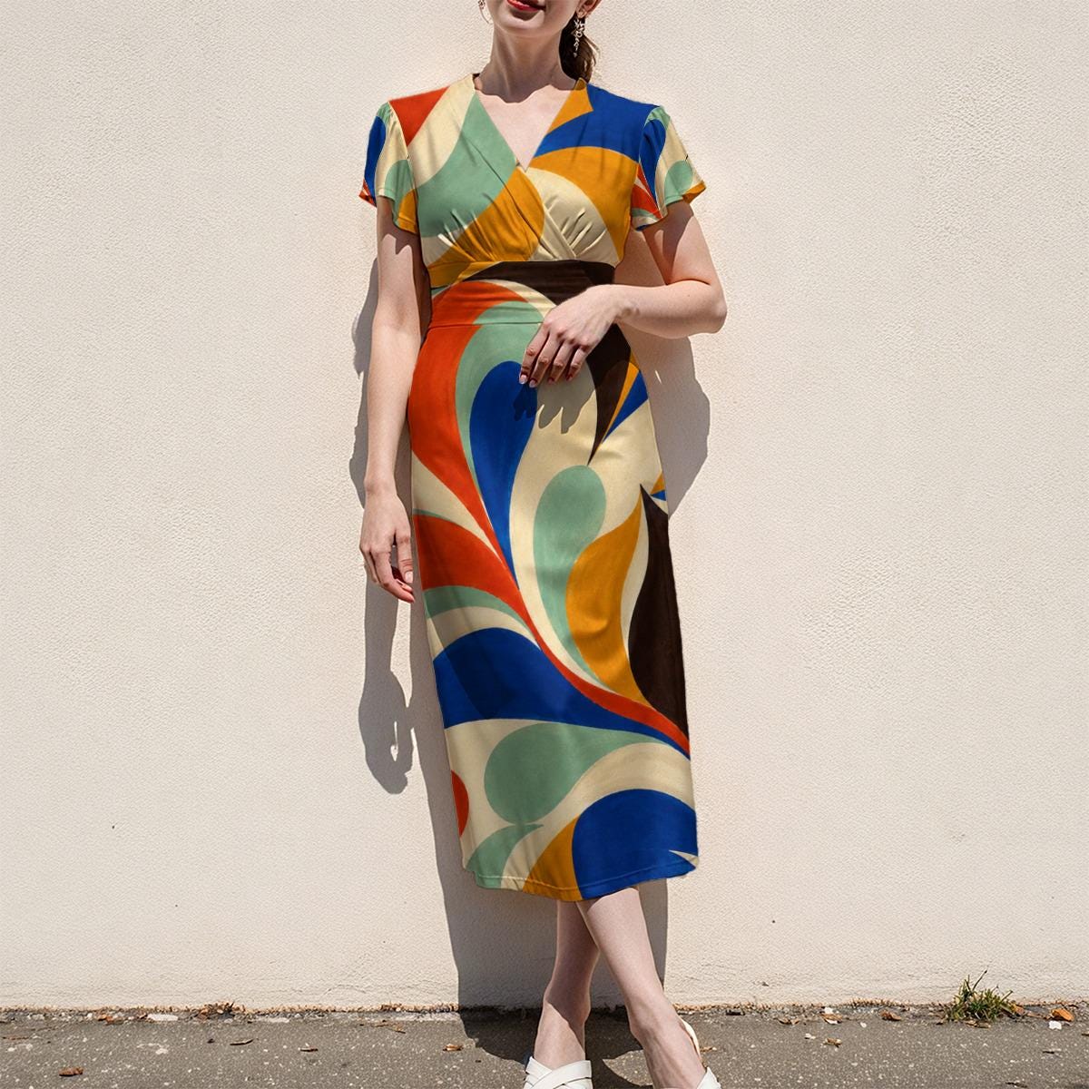 Colorful Abstract Midi Dress, Bold 70s Swirl Art, V Neck Flutter Sleeves - product gallery photo 11