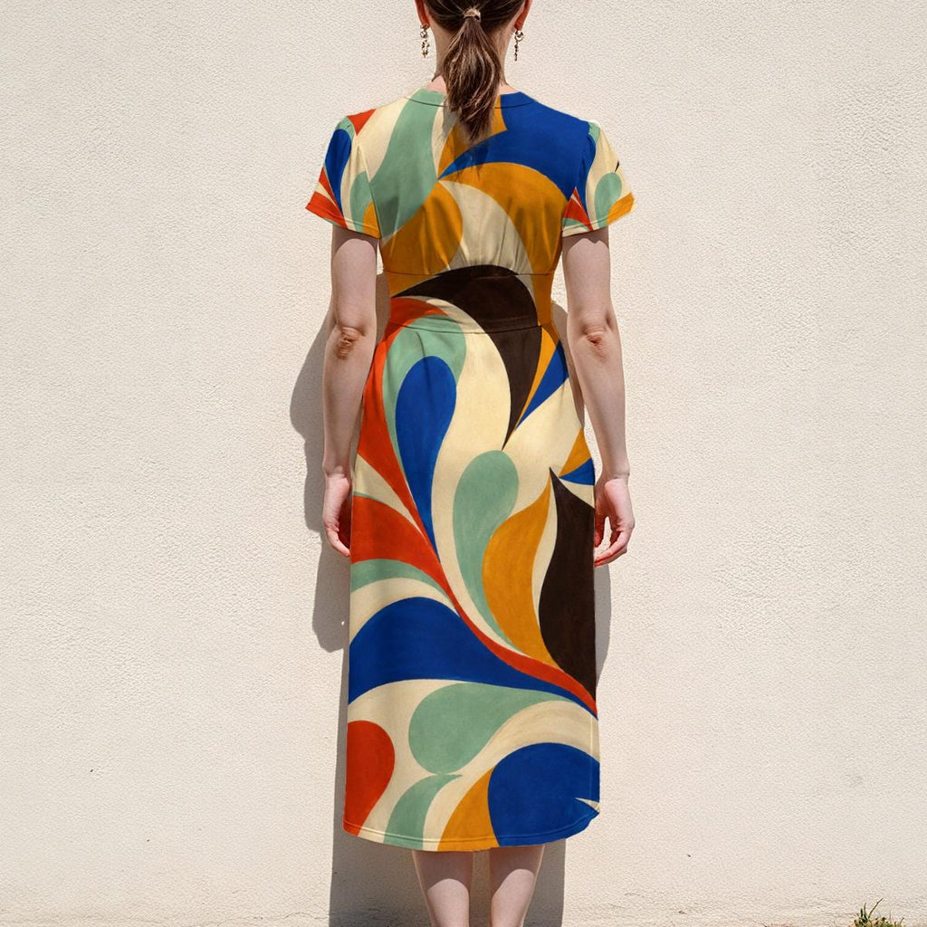 Colorful Abstract Midi Dress, Bold 70s Swirl Art, V Neck Flutter Sleeves - product gallery photo 12
