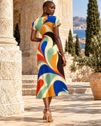 Colorful Abstract Midi Dress, Bold 70s Swirl Art, V Neck Flutter Sleeves - editorial photo 2