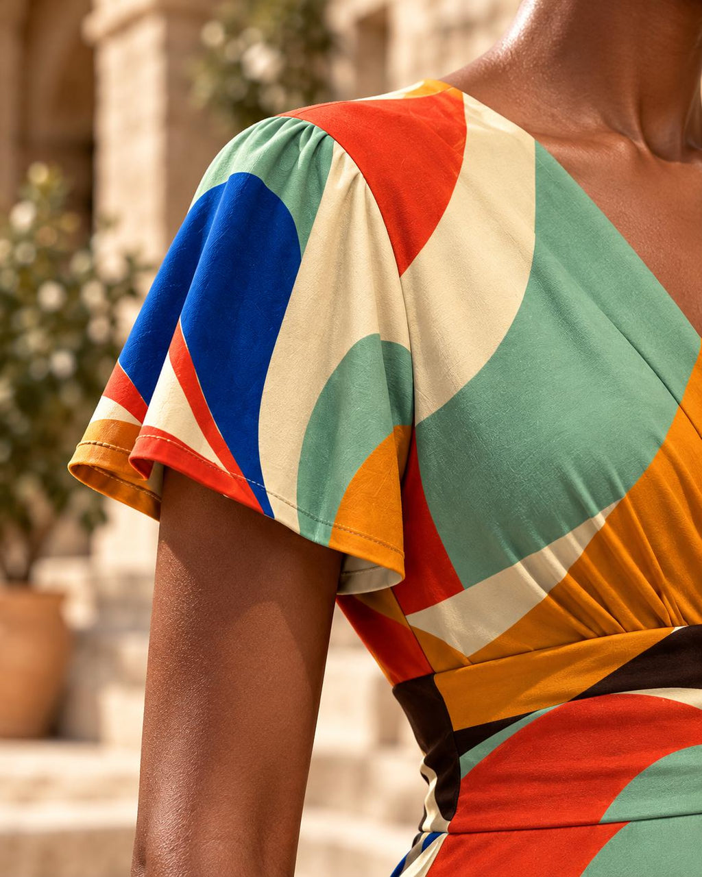 Colorful Abstract Midi Dress, Bold 70s Swirl Art, V Neck Flutter Sleeves - editorial photo 3