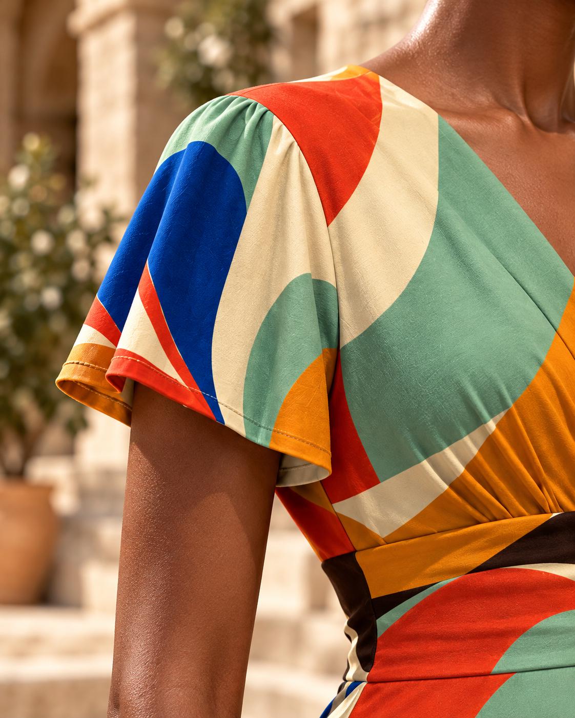 Colorful Abstract Midi Dress, Bold 70s Swirl Art, V Neck Flutter Sleeves - editorial photo 3