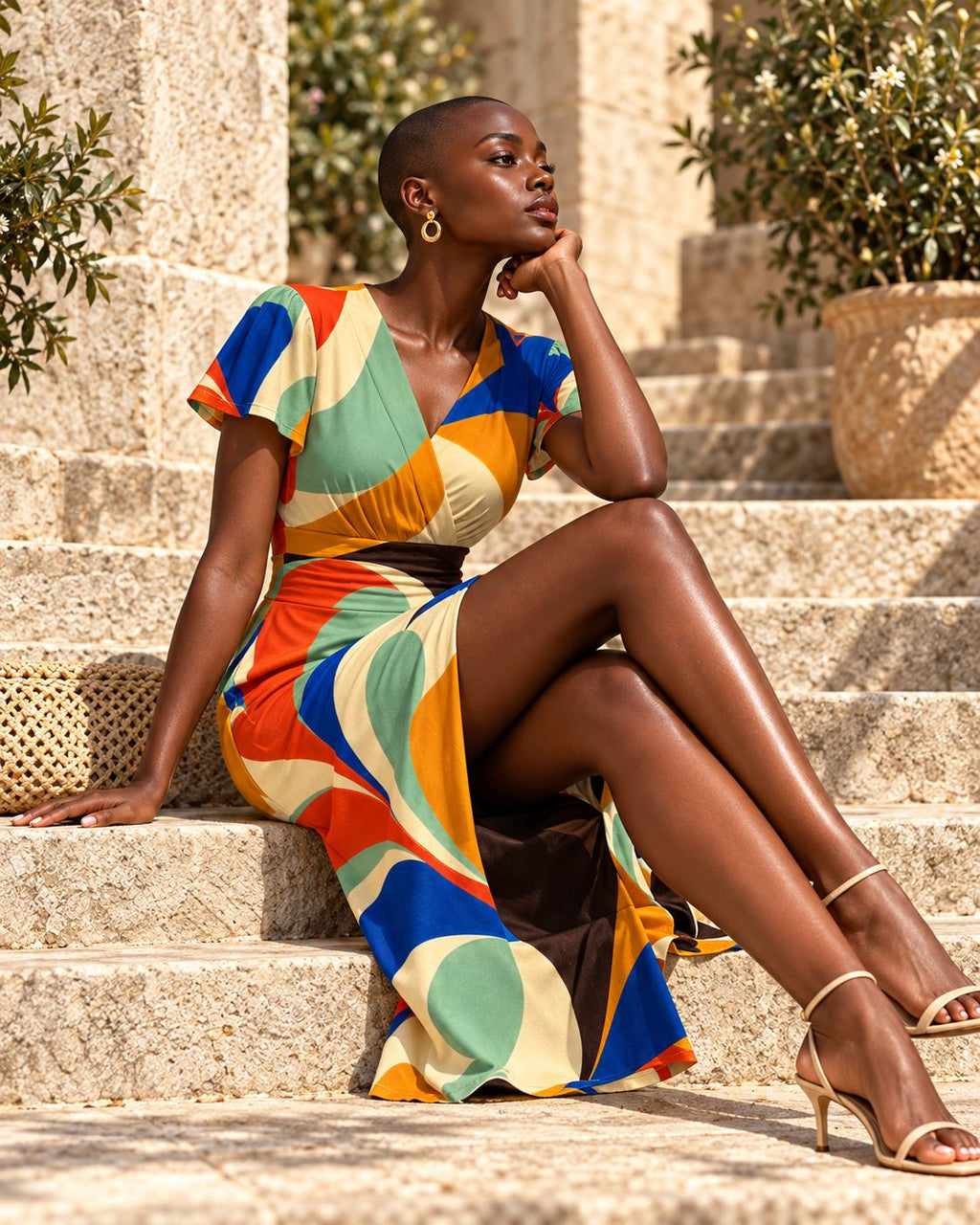 Colorful Abstract Midi Dress, Bold 70s Swirl Art, V Neck Flutter Sleeves - editorial photo 5