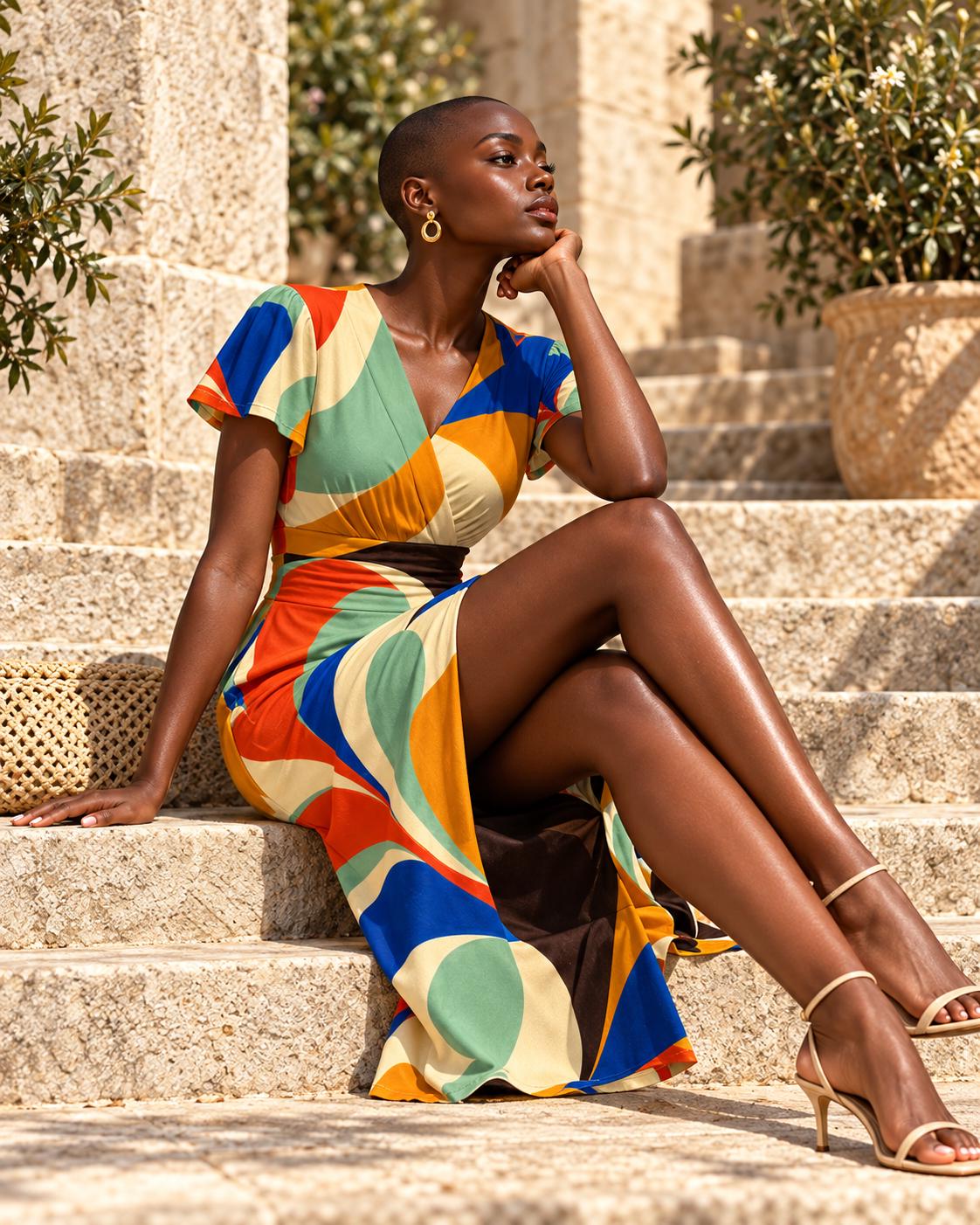 Colorful Abstract Midi Dress, Bold 70s Swirl Art, V Neck Flutter Sleeves - editorial photo 5