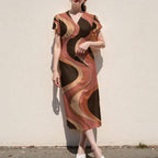 Terracotta Midi Dress, Brown 70s Swirl Abstract, V Neck Flutter Sleeves - product gallery photo 11
