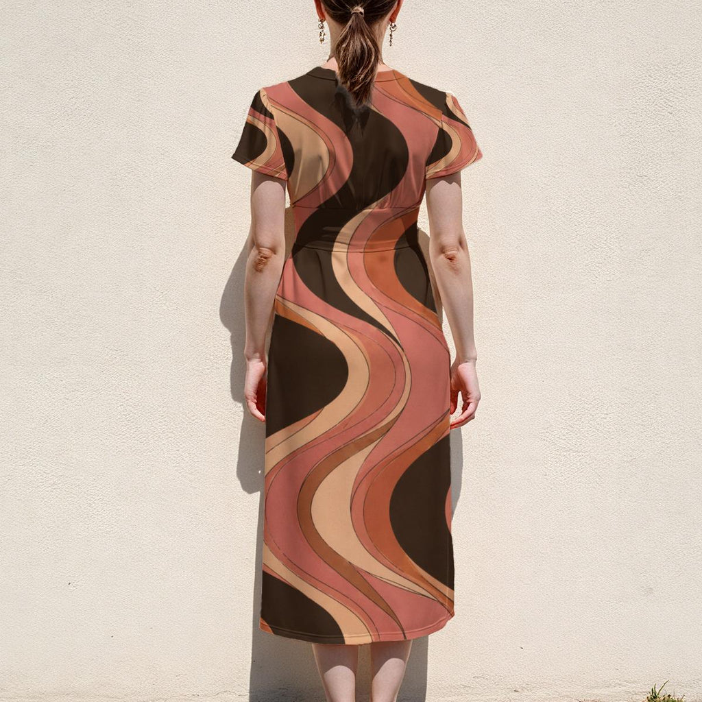 Terracotta Midi Dress, Brown 70s Swirl Abstract, V Neck Flutter Sleeves - product gallery photo 12